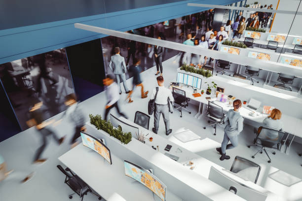 A busy office scene symbolising how Klea streamlines AGM management in Ireland through automation and efficiency.