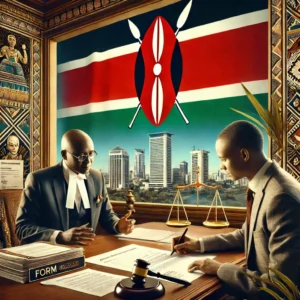 The image is an artistic representation of Kenya’s legal system, focusing on Power of Attorney registration. It depicts a formal office setting where a lawyer in traditional legal attire is advising a client signing a document. The backdrop features the Kenyan flag and a cityscape, symbolizing Nairobi’s legal and business environment. The office is decorated with African-themed art and legal symbols like scales of justice and a gavel, reinforcing the legal context.